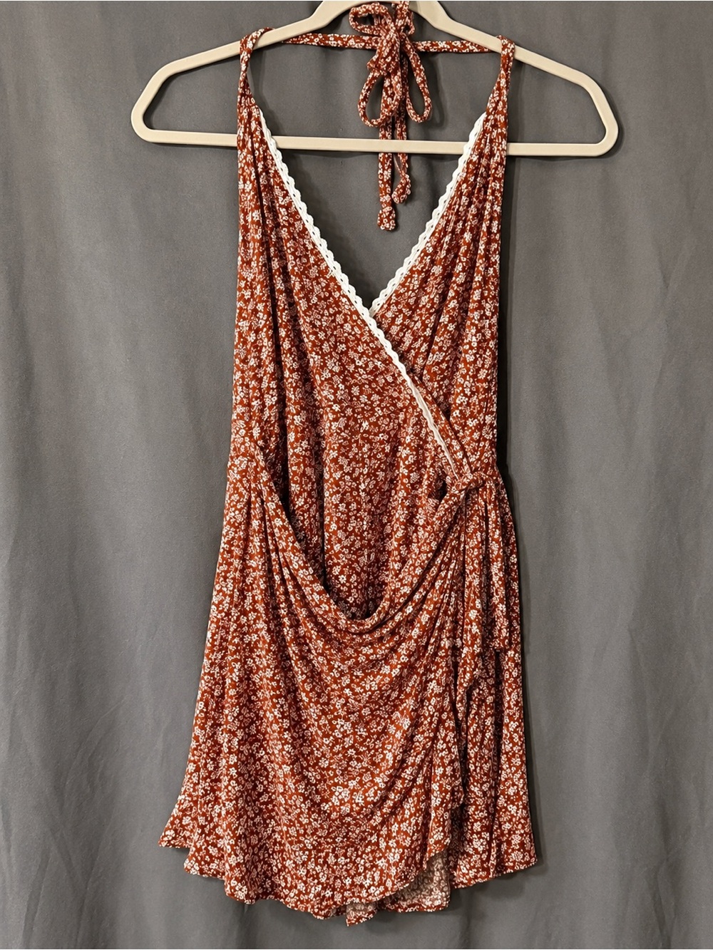 miami Rust Floral Halter Dress with White Accents and built in shorts